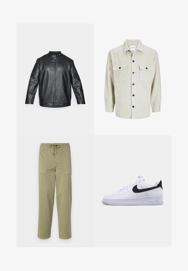 Melna ādas jaka ar mandarin stilu apkakli, priekšējo rāvējslēdzēju un redzamām šuvēm; tai ir brīvs griezums un garas piedurknes.; Bēža flaneļa krekls ar apkakles dekoltē, ar divām krūšu kabatām, melniem pogām un garām piedurknēm ar pogu aprocēm.; Gaišolīci zaļas bikses no kokvilnas maisījuma auduma, ar elastīgu jostu un saiti, kā arī divām lielām sānu kabatām.; Balti ādas kedas ar strukturētu melnu Swoosh, plakaniem šņorēm un gumijas zoli ar rievotu rakstu. Uz papēža ir iepresēts vārds "AIR".