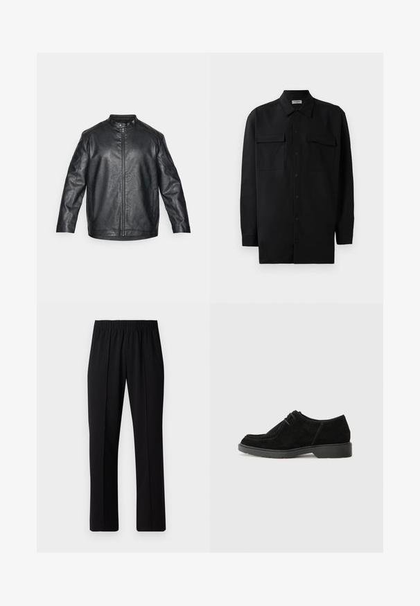 Sort læderjakke med mandarin-krave, frontlynlås og synlige syningsdetaljer; har en afslappet pasform og lange ærmer.; Sort skjorte med knapper lavet af glat stof, med klassisk krave, to frontlommer og lange ærmer med knapmanchetter.; Sorte bukser med elastisk talje og lige ben, der har en glat tekstur og ingen synlige mønstre eller hardware.; Sorte ruskind dress sko med rund tå, kontrast søm og gummisål. Har minimal snøring og et glat overdel design.