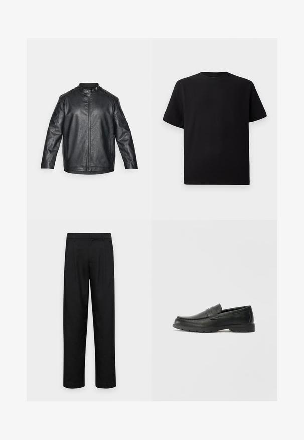 Juodas odinis švarkas su mandarinio stiliaus apykakle, priekiniu užtrauktuku ir matomomis siūlėmis; turi laisvą siluetą ir ilgas rankoves.; Juodas trumpomis rankovėmis marškinėliai, pagaminti iš tekstūruotos medžiagos, su apvaliu iškirpimu ir laisvu siluetu. Paprasti, be raštų ar akcentų.; Juodi kelnių modeliai, pagaminti iš lygios medžiagos, turi tiesią kojas, du priekiniai klostės ir standartinę juosmenį su diržo kilpomis.; Juodai odiniai loaferiai su sklandžiu paviršiumi, mokasino stiliaus viršus, siuvinėjimu ir guminėmis padangomis. Klasikinis dizainas su žemu kulnu.