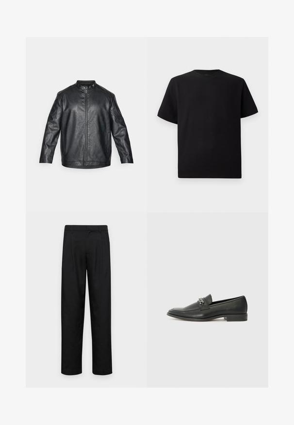 Black leather jacket with a mandarin collar, front zipper closure, and visible stitching details; features a relaxed fit and long sleeves.; Black short-sleeve T-shirt made of textured fabric, featuring a round neckline and a relaxed fit. Simple, no patterns or accents.; Black trousers made of smooth fabric, featuring a straight-leg design, two front pleats, and standard waistband with belt loops.; Black leather loafer with a smooth finish, featuring a stitched design and a decorative metal chain accent across the vamp. Flat heel.