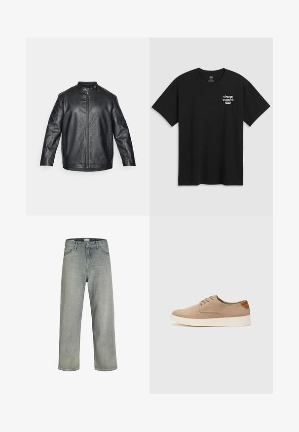 Melna ādas jaka ar mandarin stilu apkakli, priekšējo rāvējslēdzēju un redzamām šuvēm; tai ir brīvs griezums un garas piedurknes.; Melna kokvilnas T-kreklu ar krūtīm drukātu uzrakstu "HOUSE PLANTS" baltā stilizētā fontā ar "Levi's" zemāk. Klasisks apaļais kakls.; Gai pelēki, brīvi pieguļoši džinsi no denima. Iekļauj klasisku piecu kabatu dizainu, jostas cilpas un taisnu kāju siluetu.; Beige zamšādas kedas ar noapaļotu purngala daļu, auklēm saplacinātu priekšpusi un teksturētu aizmugures akcentu. Balta gumijas zole nodrošina kontrastu. Vienkāršs un mūsdienīgs dizains.