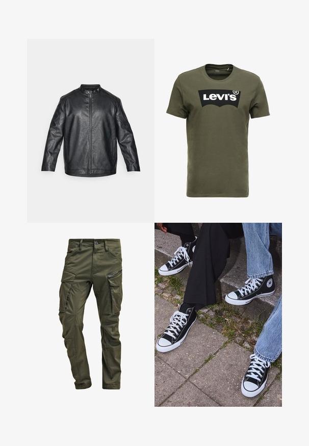 Veste en cuir noir avec un col mandarin, fermeture éclair à l'avant et coutures visibles ; elle présente une coupe décontractée et des manches longues.; T-shirt en coton vert olive avec un grand logo noir Levi's sur le devant. Col rond classique et manches courtes, texture lisse.; Pantalons cargo vert olive en coton résistant. Dotés de plusieurs poches, d'une poche latérale zippée et de jambes fuselées avec une finition légèrement texturée.; Baskets montantes en toile noires avec semelles et lacets en caoutchouc blancs, arborant un logo circulaire sur le côté et associées à un jean et un pantalon noir.