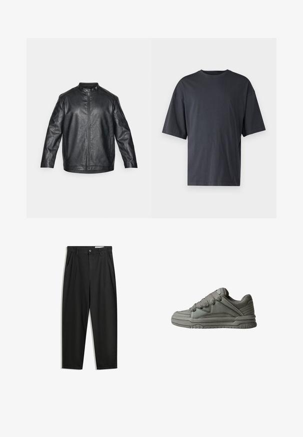 Zwarte leren jasje met een Chinees kraagje, ritssluiting aan de voorkant en zichtbare stikdetails; heeft een relaxte pasvorm en lange mouwen.; Donkergrijs T-shirt met korte mouwen, gemaakt van lichtgewicht katoen, met een losse pasvorm en een klassieke ronde hals, met een effen textuur en zonder patronen.; Zwarte katoenen broeken met een losse pasvorm, voorzien van een klassieke tailleband, voorplooien en zijzakken. Gladde structuur zonder patronen.; Grijze sportieve schoen met een bovenwerk van gestructureerd leer en mesh, dikke rubberen zool en een opvallende, gewatteerde tong en zijkanten. Veters en zijaccenten zijn inbegrepen.