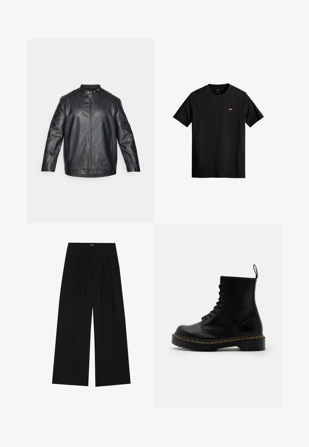 Veste en cuir noir avec un col mandarin, fermeture éclair à l'avant et coutures visibles ; elle présente une coupe décontractée et des manches longues.; T-shirt en coton noir avec un col rond, des manches courtes et un petit logo rouge Levi's sur la poitrine gauche. Design léger et simple.; YOURTURN UNISEX - Pantalon classique - black; Bottines en cuir noir avec un laçage à l'avant, des coutures jaunes, un bout rond et une semelle en caoutchouc épaisse et texturée.