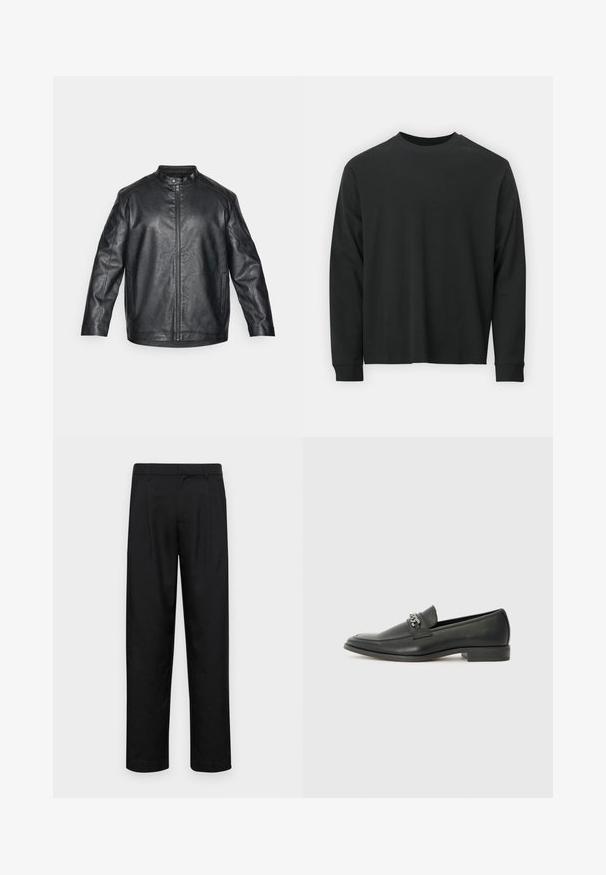 Black leather jacket with a mandarin collar, front zipper closure, and visible stitching details; features a relaxed fit and long sleeves.; Long-sleeve black T-shirt made of cotton, featuring a round neckline, loose fit, and ribbed cuffs. Smooth texture with no visible patterns.; Black trousers made of smooth fabric, featuring a straight-leg design, two front pleats, and standard waistband with belt loops.; Black leather loafer with a smooth finish, featuring a stitched design and a decorative metal chain accent across the vamp. Flat heel.