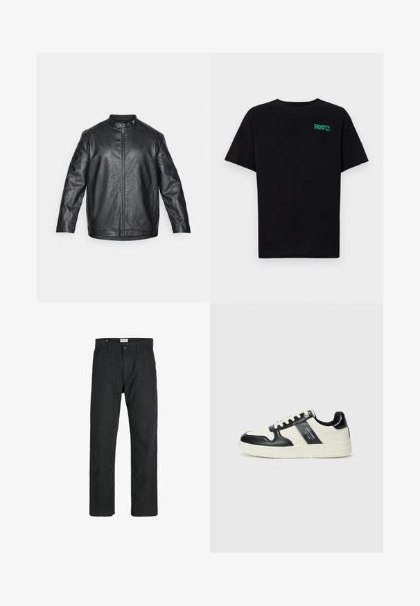 Giacca di pelle nera con colletto alla cinese, chiusura con zip frontale e dettagli di cucitura visibili; presenta una vestibilità comoda e maniche lunghe.; T-shirt nera in cotone con maniche corte. Presenta un logo verde "ROOTS" sulla parte frontale, colletto rotondo e vestibilità standard.; Pantaloni neri realizzati in tessuto resistente, caratterizzati da un design a gamba dritta, dettagli cuciti e due tasche frontali per la funzionalità.; Sneakers in pelle con una combinazione di colori nero e crema, dotati di dettagli perforati, collare imbottito e suola testurizzata.