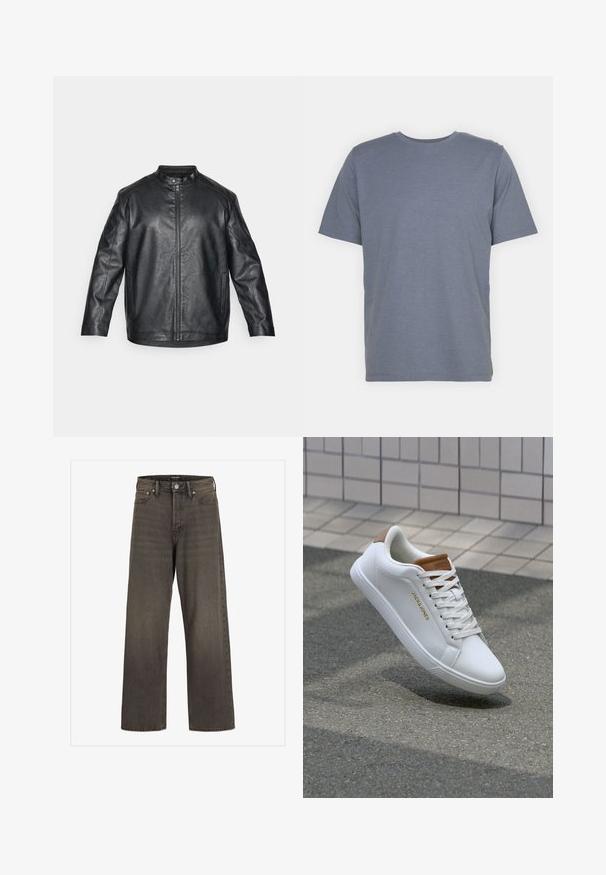 Svart skinnjakke med mandarin-krage, frontglidelås og synlige sømdetaljer; har en avslappet passform og lange ermer.; Grå kortermet T-skjorte med rund hals, laget av myk bomullsblanding. Enkel design, ingen mønstre eller accenter.; Videbukser i mørkegrå denim, med høj talje, klassisk fem-lomme design og kontrasterende syninger langs sømmene.; Hvite skinn sneakers med en glatt tekstur, karmelakent på hælen, gulllogo på siden, og en gummisåle med teksturert grep.