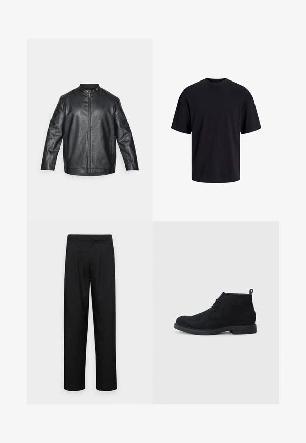 Czarna skórzana kurtka z mandaryńskim kołnierzykiem, zapinana na zamek błyskawiczny z przodu, z widocznymi detalami szwów; ma luźny krój i długie rękawy.; Czarna bawełniana koszulka z okrągłym dekoltem, krótkimi rękawami i luźnym krojem. Gładka tekstura, bez widocznych wzorów czy akcentów.; Czarne spodnie wykonane z gładkiego materiału, z prostą nogawką, dwoma fałdami z przodu oraz standardowym paskiem z wypustkami na pasek.; Czarne zamszowe za kostkę buty z okrągłym noskiem, sznurowanym zapięciem i teksturowaną gumową podeszwą. Posiadają małą pętelkę z tyłu.
