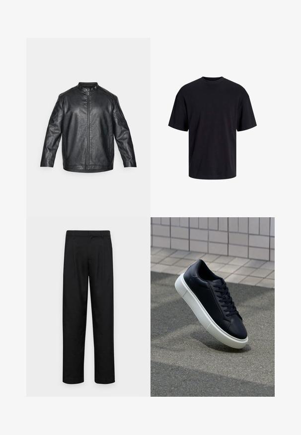 Crna kožna jakna s mandarin ovratnikom, prednjim zatvaračem i vidljivim detaljima šivanja; ima ležeran kroj i dugačke rukave.; Crna pamučna majica s okruglim izrezom, kratkim rukavima i opuštenim krojem. Glatka tekstura bez vidljivih uzoraka ili dekoracija.; Crne hlače od glatkog materijala, s dizajnom ravnih nogavica, dva prednja nabora i standardnim pojasom s petljama za remen.; Crne kožne tenisice s zaobljenim vrhom i bijelim gumiranim potplatom. Imaju ravne vezice i minimalno šivanje na gornjem dijelu. Teksturirani potplat za bolje prianjanje.