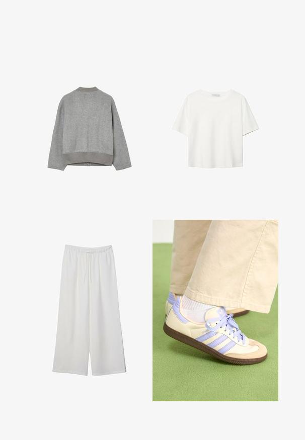 Giacca bomber in felpa grigia chiara con colletto, polsini e orlo a costine, mostrata da dietro su uno sfondo bianco.; T-shirt bianco a maniche corte realizzato in cotone. Presenta un collo tondo e una vestibilità rilassata. Texture liscia senza motivi o dettagli visibili.; Pantaloni bianchi a gamba larga realizzati in tessuto leggero, dotati di una vita elastica e di un cordino per una vestibilità regolabile. Texture liscia.; Sneakers crema e lavanda con tre strisce e suola marrone texturizzata, dotati di lacci e tallone imbottito. Parte superiore in tessuto morbido.