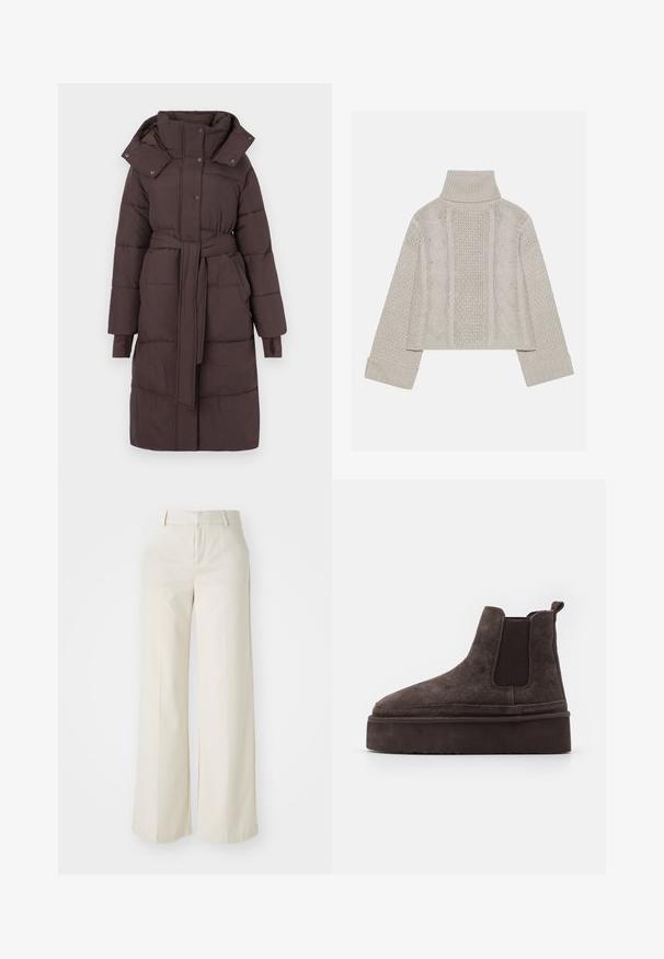Cappotto imbottito lungo color marrone cioccolato con vita aderente, collo alto, cappuccio staccabile, bottoni a pressione e tasche laterali.; Maglione a collo alto in maglia grigia chiara, con polsini a costine e con motivi a treccia texture lungo la schiena e i lati.; Pantaloni a gamba larga di un colore beige chiaro, realizzati in un tessuto liscio. Presentano una vita classica e una parte anteriore piatta con linee pulite.; Stivali Chelsea in suede marrone con pannelli laterali elastici e una suola piatta spessa e testurizzata. Presentano un'etichetta sul tallone per facilitare l'indossamento.