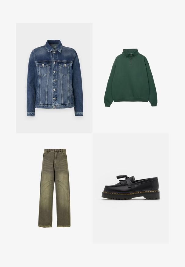 Kesäpesäinen farkkutakki keskisinisessä värissä, jossa on klassinen leikkaus. Sisältää näkyviä ompeleita, kaksi rintataskua, hopeiset napit ja napitettavat hihansuut.; Tumma vihreä, vetoketjullinen puolihihainen huppari, jossa on korkea kaulus. Valmistettu pehmeästä materiaalista, jossa on roikkuvat olkapäät sekä ribbitekniikalla valmistetut hihansuut ja helma.; Värikäs farkkuyhdistelmä avaralla lahkeella oliivinvihreässä denimissä, joka sisältää kaarevia sauma-akkentteja, klassisen nappikiinnityksen ja haalistuneen pinnan.; Musta nahkakengät, joissa on tupsuakkentti, paksu musta pohja ja keltainen ommel reunassa. Rakeinen pinta.