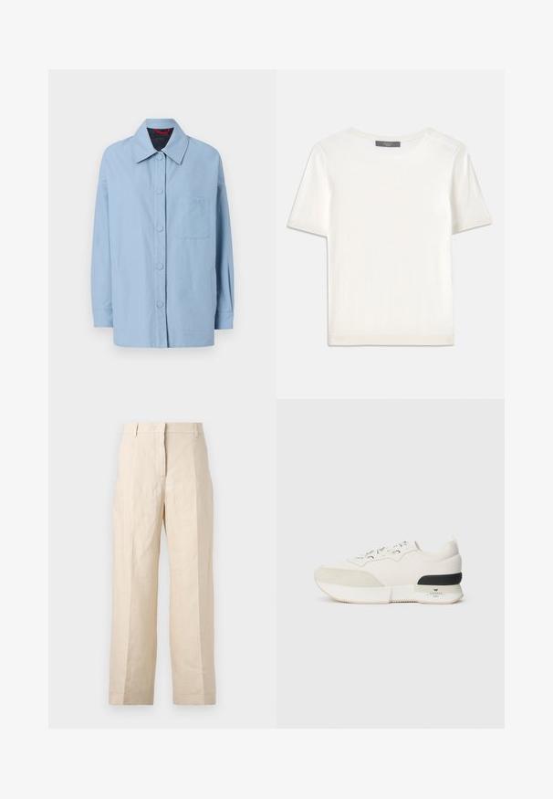 Gaiši zils kokvilnas žakets ar norādītu apkakli, priekšējo pogu aizdari, kabatu un garām piedurknēm. Vienkāršs dizains ar minimāliem akcentiem.; Balta īsām piedurknēm adīta blūze ar apaļu kakla izgriezumu, kurai ir gluda tekstūra un smalki riboti akcenti pie piedurknēm un apakšmalas.; Bežīgas lina bikses ar brīvu piegriezumu, krokām priekšā un taisnām kājām. Piedāvā jostu ar cilpiņām un bez redzamām kabatām.; Baltie kedas ar teksturētu zamšādu purngalu, gludu acu auduma augšdaļu, dekoratīvu auklu un melnu gumijas papēža akcentu.