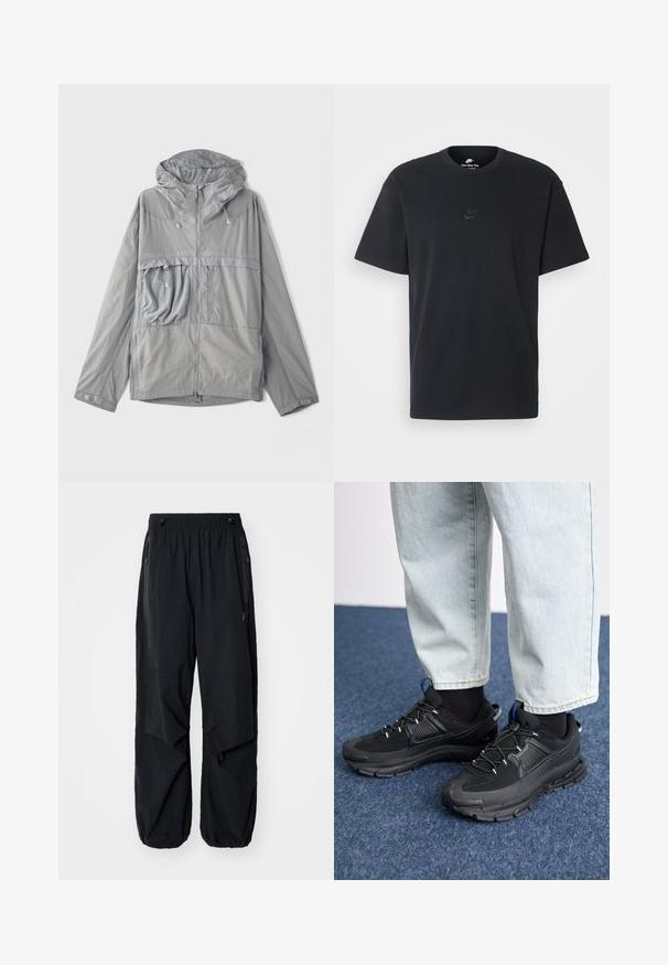 Gaišs pelēks jaciņš ar kapuci, ar rāvējslēdzēju priekšpusē, lielu krūšu kabatu, teksturētu audumu un elastīgām saiknēm kapuces un apakšmalas daļā.; Nike melns kokvilnas T-krekls ar klasisku piegriezumu, īsām piedurknēm un smalku, reljefu logotipu uz krūškurvja. Gluda tekstūra.; Melnas vieglas kravas bikses ar elastīgu jostu, sānu rāvējslēdzējiem un plašām kabatām. Izaicinājumu veido brīvi pieguļoša piegriezne un sašaurināti aproces.; Melni sporta apavi ar strukturētu audumu un gumijas zoli, ar elastīgām auklām un zilu akcentu uz papēža. Nēsāti ar gaišām džinsu biksēm.