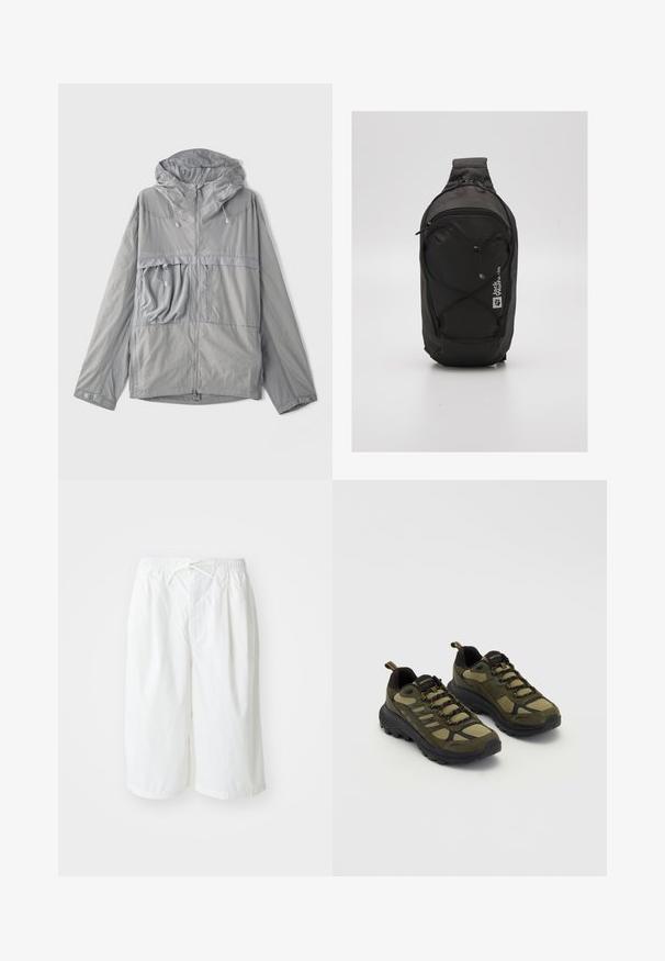 Lekka szara kurtka z kapturem, zapinana na zamek, z dużą kieszenią na piersi, teksturowanym materiałem oraz elastycznymi trokami przy kapturze i u dołu.; Trzy białe prążkowane koszulki na ramiączkach wykonane z bawełny. Posiadają okrągły dekolt i małe czarne metki blisko dolnego brzegu. Dostępne w różnych rozmiarach.; Białe szorty z elastycznym paskiem i sznurkiem, prezentowane na jednolitym jasnym tle. Odpowiednie do noszenia w casualowych stylizacjach lub w ciepłe dni.; Zielono-czarne buty sportowe z teksturowaną cholewką, siateczkowymi panelami, solidną podeszwą i sznurowanym zapięciem z wzmocnionym noskiem i piętą.; Czarny plecak o smukłym wzornictwie, wykonany z wytrzymałego materiału. Posiada zapinaną na zamek komorę, akcenty z elastycznego sznura oraz szczegóły logo.
