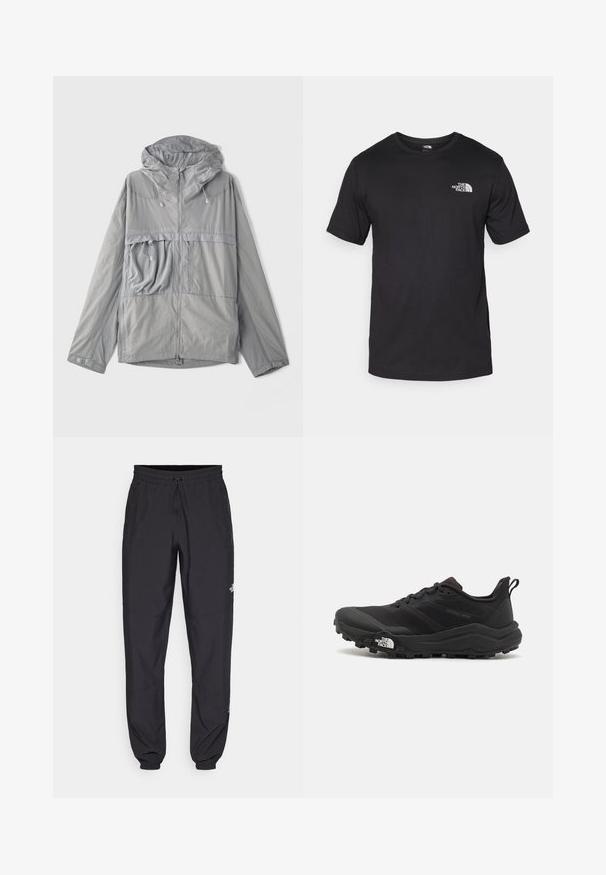 Lahka siva bunda s kapuco, z zadrgo spredaj, velikim žepom na prsih, teksturirano tkanino ter elastičnimi vrvicami pri kapuci in do konca.; Črna kratko sleeved majica iz bombaža, s krožnim izrezom in majhnim belim logotipom na zgornjem levem delu prsnega koša.; Črne atletske hlače iz lahkega materiala, ki imajo elastični pas z vezalko, stranske žepe in zožene manšete na gležnjih.; Črne tekaške čevlje za trail s teksturirano zgornjega dela, gumijastim podplatom in ojačanim zaključkom prstov. Vključuje oblazinjen ovratnik in zanko za enostavno obuvanje.