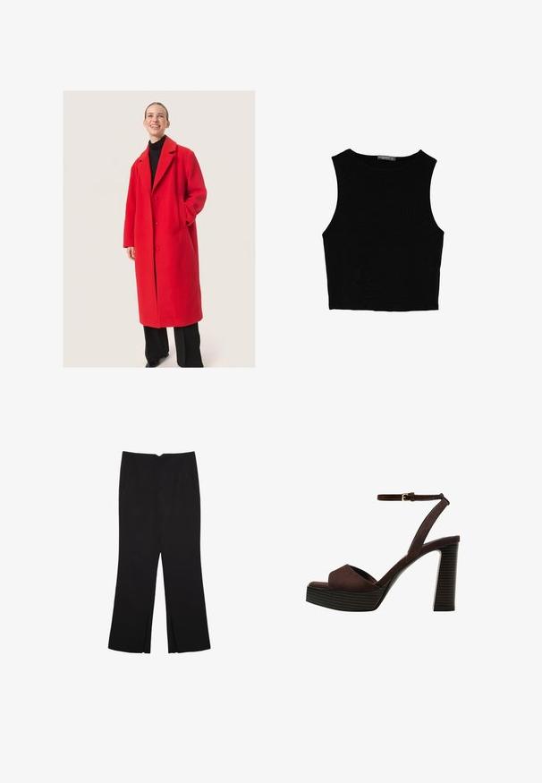 Röd ullkappa med skräddarsydd design, med en välvd krage, två knappar och sidofickor. Bärs över en svart polotröja.; Svart ärmlös crop top i mjukt tyg, med rund hals och en ren, enkel design utan mönster eller detaljer.; Svarta byxor med rak passform, utrustade med framfickor och sidoklyvningar vid fållen. Tillverkade av mjukt, slätt tyg. Lämpliga för olika tillfällen.; Bruna mocka högklackade sandaler med öppen tå, justerbar vristrem och en randig plattformssula.