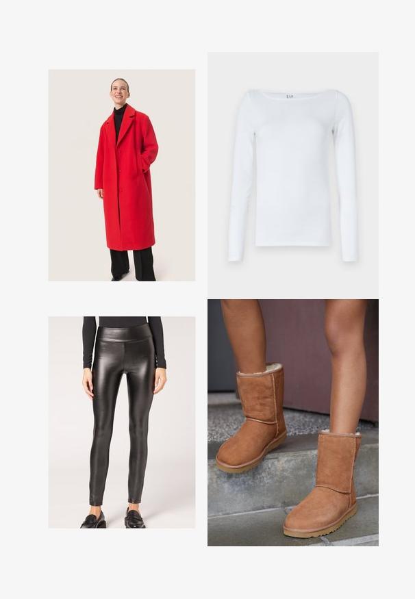Červený vlněný kabát s upraveným střihem, zdobený klopovým límcem, dvěma knoflíky a bočními kapsami. Nosený přes černý rolák.; Bílá košile s dlouhým rukávem vyrobená z bavlněné směsi, s kulatým výstřihem a štíhlým střihem. Žádné viditelné vzory ani detaily.; Černé legíny z umělé kůže s vysokým pasem, hladkým povrchem a těsným střihem, které mají elegantní siluetu a minimální zdobení.; Hnědé semišové kotníkové boty s kulatou špičkou, měkkou podšívkou a gumovou podrážkou, s viditelným prošíváním podél švů.