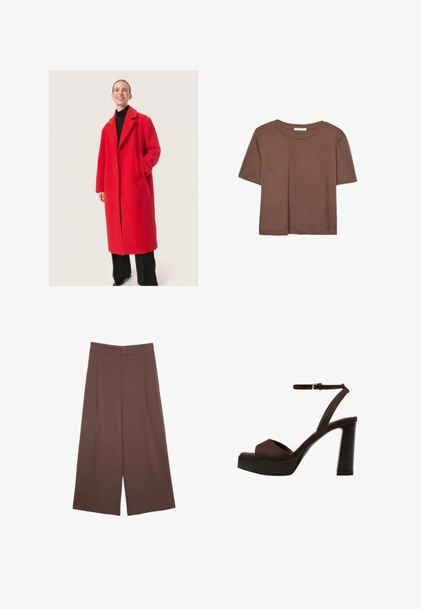 Roter Wollmantel mit maßgeschneidertem Design, ausgestattet mit einem Reverskragen, zwei Knöpfen und Seitentaschen. Trägt man über einem schwarzen Rollkragenpullover.; Braunes, kurzärmliges T-Shirt aus weichem Material mit rundem Halsausschnitt und lockerer Passform. Keine sichtbaren Muster oder Akzente.; Braune Weite-Leg-Hosen mit einer glatten Textur, hoher Taille und Vorderfalten. Der Stoff ist leicht und fällt locker.; Braune Wildleder-Pumps mit offenem Zeh, verstellbarem Knöchelriemen und gestreiftem Plateausohlen.