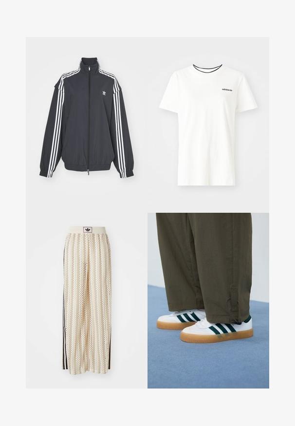 adidas Originals ZIP OFF - Casaco de treino - black; T-shirt de algodão branca com mangas curtas e decote redondo. Apresenta um logo preto da Adidas no peito e uma gola interna preta em contraste.; Calças largas de cor creme com um padrão em zigzag, apresentando uma cintura com logotipo preto e riscas laterais pretas. Tecido leve e texturizado.; Ténis brancos com riscas verdes, solas de borracha de goma, combinados com calças taper oliveiras com cordões nos tornozelos.