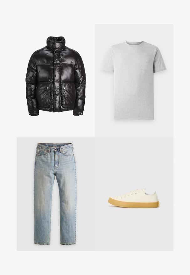 Musta untuvaparka, joka on valmistettu kiiltävästä materiaalista, jossa on korkea kaulus, kaksi etutaskua napilla, sekä pehmustettu muotoilu.; Yksinkertainen vaalea harmaa lyhythihainen t-paita, jossa pyöreä kaula-aukko, esitetty valkoista taustaa vasten, edestä katsottuna ilman näkyviä logoja tai kuvioita.; Vaaleansininen farkut, joissa on korkea vyötärö, etunappi, vetoketju ja viisi taskua, asetettu tasaisesti neutraalille taustalle.; Kankava sneakers vaaleassa valkoisessa, pyöreällä varvalla, jossa on beiget kumipohjat ja viisi reikää nauhoille, teksturoitu pinta ylemmässä osassa.