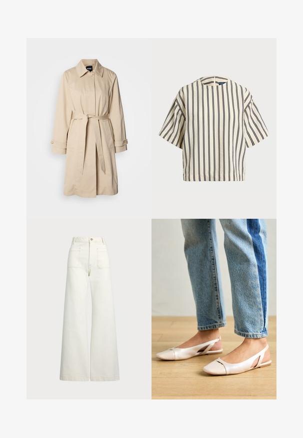 Šviesiai rudas trenčkotis su diržu juosmenyje, sagomis užsegamomis rankovėmis ir apykakle. Pagamintas iš glotnaus, lengvo audinio.; Kreminės ir tamsiai mėlynos juostelės trumpų rankovių marškinėliai, turi apvalų iškirpimą ir dėžutės tipo dizainą, pagaminti iš tekstūruotos medžiagos.; Plati kojinės džinsai of white denimo. Aukštas liemuo, su mygtuko uždarymu, dviem priekinėmis kišenėmis ir kontrastingai siuvinėjimu.; Šviesiai rožiniai slingback baleto bateliai su smailiu pirštu, pagaminti iš lygios odai panašios medžiagos. Yra išpjovimų detalės šonuose ir plokščias kulnas.