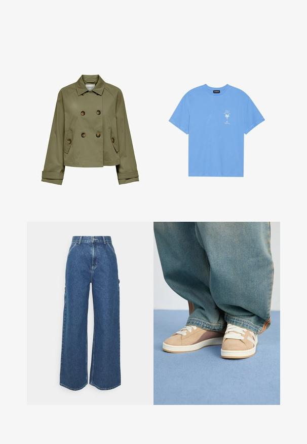 Veste cropped vert olive avec un devant à double boutonnage, de grands boutons et deux poches latérales. Elle présente un col classique et de larges poignets.; T-shirt en coton bleu clair avec un col rond. Présente un graphique blanc d'un palmier et un texte sur la zone supérieure gauche de la poitrine. Manches courtes.; Pantalons en denim bleu à jambes larges avec taille haute, couture contrastée et poches latérales, présentant un design classique à cinq poches et des ourlets bruts.; Baskets beiges en suède et tissu, avec des lacets blancs, des accents brun clair et une semelle texturée. Portées avec un pantalon en denim bleu ample.