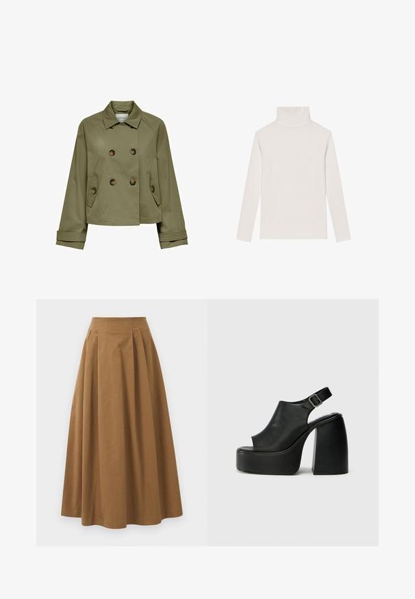 Olivově zelená zkrácená bunda s dvojitým zapínáním, velkými knoflíky a dvěma bočními kapsami. Obsahuje klasický límec a široké manžety.; Světle béžový rolák vyrobený z jemné látky, s dlouhými rukávy a přiléhavým střihem, s hladkou texturou a bez viditelných vzorů.; Bílá košile na knoflíky vyrobená z bavlny s klasickým límcem, dlouhými rukávy a malým vyšitým logem na hrudi. Texturovaná tkanina.; Hnědá bavlněná sukně ve stylu A s vysokým pasem, se sklady na přední straně a hladkou texturou. Lemování je čisté a jednoduché.; Černé otevřené platformové sandály na vysokém podpatku s křivkovým designem, páskem za patou a robustním blokovým podpatkem. Hladký kožený povrch, minimalistický styl.