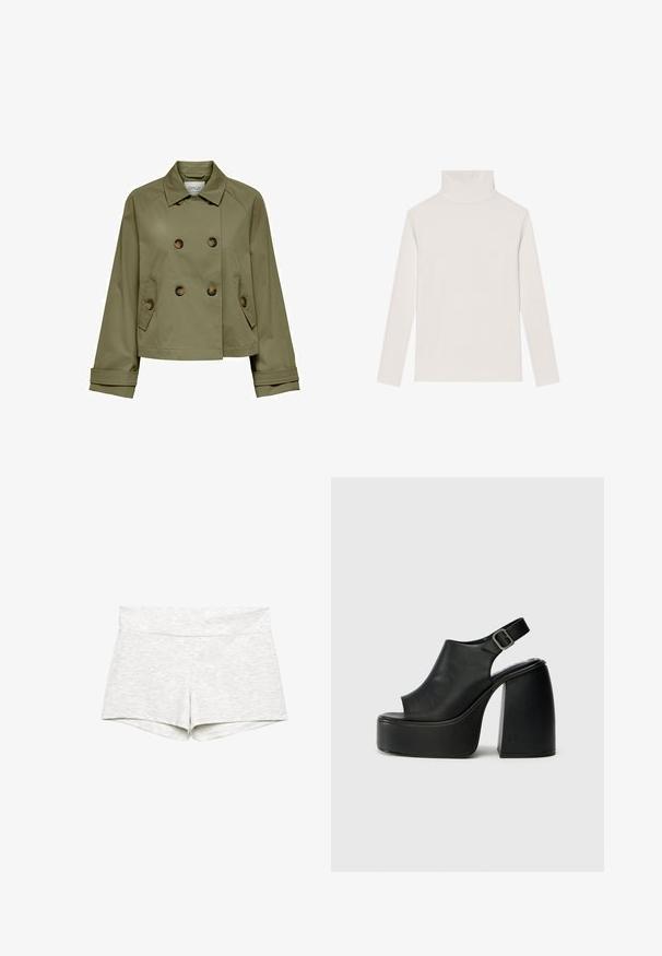 Olive green cropped jacket with double-breasted front, large buttons, and two side pockets. Features a classic collar and wide cuffs.; Light beige turtleneck sweater made of soft fabric, featuring long sleeves and a fitted design with a smooth texture and no visible patterns.; White button-up shirt made of cotton with a classic collar, long sleeves, and a small embroidered logo on the chest. Textured fabric.; Light gray stretchy shorts with a wide waistband, smooth texture, and a simple design. Hemmed edges with no visible patterns or accents.; Black open-toe platform sandals with a curved design, slingback strap, and chunky block heel. Smooth leather texture, minimalist style.