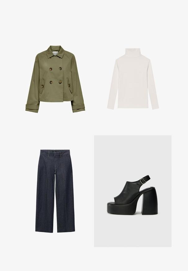 Olivgrüne, kurze Jacke mit doppelter Knopfleiste, großen Knöpfen und zwei Seitentaschen. Verfügt über einen klassischen Kragen und weit geschnittene Ärmel.; Hellbeige Rollkragenpullover aus weichem Stoff, mit langen Ärmeln und taillierter Passform, glatter Textur und ohne sichtbare Muster.; Weißes Button-Down-Hemd aus Baumwolle mit klassischem Kragen, langen Ärmeln und kleinem gesticktem Logo auf der Brust. Strukturiertes Material.; Dunkelblaue Denim-Hosen mit weitem Bein, vorn mit Nähten und einem normalen Bund. Mit orangen Nähten und einer verkürzten Länge.; Schwarze offene Plattformsandalen mit geschwungenem Design, Slingback-Riemen und klobigem Blockabsatz. Glatte Lederoberfläche, minimalistischer Stil.