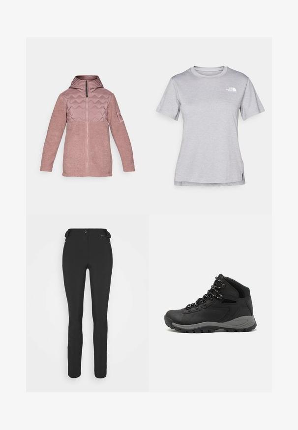 Rózsaszín kapucnis dzseki steppelt felső résszel és plüss bolyhos textúrával. Elülső cipzárral rendelkezik, hosszabb ujjú, az egyik karján folt díszítéssel.; Szürke, rövid ujjú póló, puha, nedvességet elvezető anyagból készült. Kerek nyakú, és egy kis fehér logó található a bal felső részen.; Fekete, testhezálló nadrág rugalmas anyagból. Jellemzők: cipzáras oldalzseb, artikulált térdek és sima felület.; Fekete túracipő közepes magasságú kialakítással, texturált felsőrésszel, szürke részletekkel és strapabíró gumitalppal, amelynek tapadós kiemelkedései vannak.
