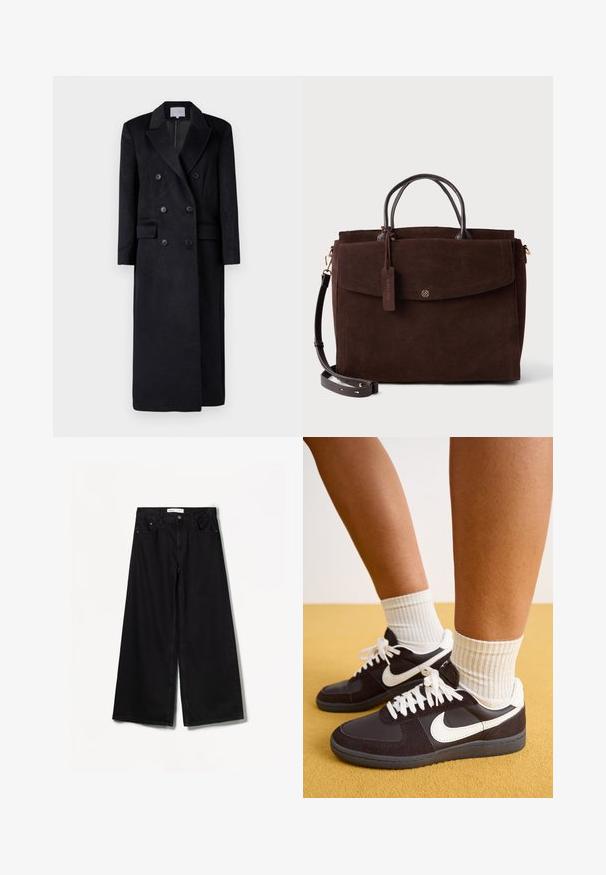 Dvojité černé vlněné sako s klopovým límcem, dlouhými rukávy a rovnou siluetou. Obsahuje dvě přední kapsy a knoflíkové detaily.; Černý svetr vyrobený z měkké tkaniny, má dlouhé rukávy, kulatý výstřih a pružné manžety. Jednoduchý design, bez vzorů nebo ozdob.; Bershka WIDE-LEG - Wide leg - black; Černobílé tenisky Nike se svrškem z semiše a kůže, bílé tkaničky, nošeny s proužkovanými krémovými ponožkami, na žlutém pozadí.; Hnědá semišová kabelka s dvojitými horními uchy, odnímatelným ramenním popruhem, přední klopnou a štítkem označujícím "Pravá kůže". Akcenty zlaté barvy.