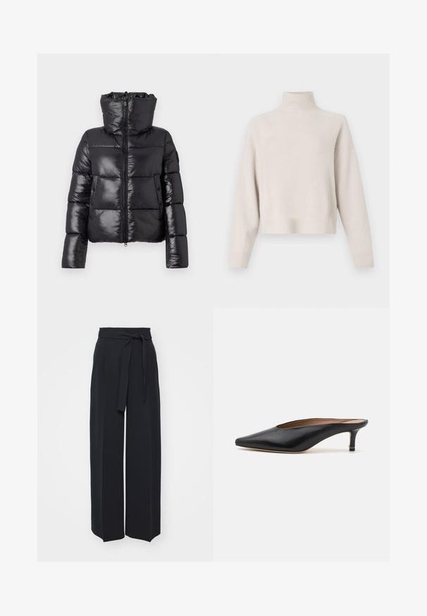Zwarte gewatteerde jas met een glanzende afwerking, hoge kraag en ritssluiting. Heeft grote gestikte delen en zijzakken.; Lichtbeige coltrui gemaakt van zachte stof. Kenmerkt zich door een relaxte pasvorm, ribbelboorden en lange mouwen. Minimalistisch ontwerp.; Zwarte wijde broek van zachte stof. Voorzien van een ceintuur en plooien aan de voorkant. Glad textuur met een strakke, hedendaagse stijl.; Zwarte leren muiltjes met een puntige neus en een lage, blokhak. Glad oppervlak met een gestroomlijnd ontwerp. Open achterkant met minimale details.