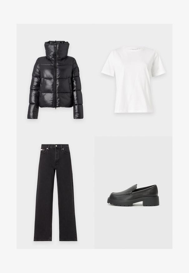 Zwarte gewatteerde jas met een glanzende afwerking, hoge kraag en ritssluiting. Heeft grote gestikte delen en zijzakken.; Witte katoenen t-shirt met korte mouwen, ronde halslijn en een ontspannen pasvorm. Gladde textuur, geen patronen of accenten, minimalistisch ontwerp.; Zwarte wijde spijkerbroeken van denim, met een hoge taille, vijf-pocket stijl en een metalen knoopsluiting met contrasterende stiksels.; Zwarte leren instappers met een ronde neus, dikke getextureerde zool en minimale stikseldetails. Strak ontwerp zonder zichtbare veters of hardware.
