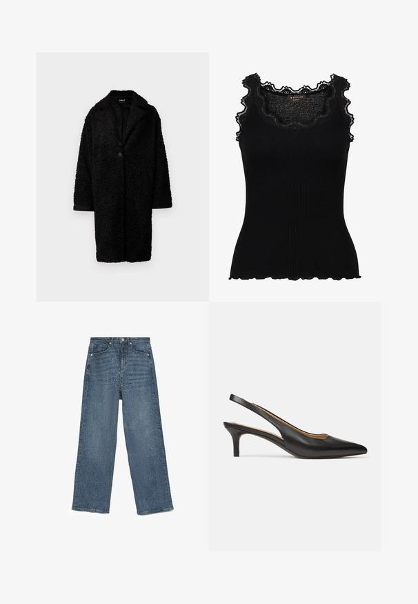 ONLY ONLCATALINA SHAGGY COAT - Vinterfrakke - black; Sort ribbet tanktop med blonder trim ved halsudskæringen og ærmegabene. Har en tætsiddende design og bølgede kanter for ekstra tekstur.; Blå denim vide bukser med et struktureret mønster, fem-lomme design, metalknaplukning og stikninger, der udviser en afslappet pasform.; Sort læder slingback-pumps med spids tå og lav kitten-hæl, vist fra siden på en ens hvid baggrund.