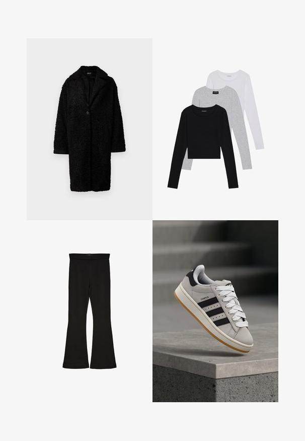 ONLY ONLCATALINA SHAGGY COAT - Vinterfrakke - black; Tre langærmede toppe stablet: sort, grå og hvid. Hver har en rund halsudskæring og et cropped design med glat, let stof.; Sorte flared leggings lavet af strækbart stof. Har en bred talje og en glat tekstur, med en tætsiddende silhuet der bredder sig ved sømmen.; adidas Originals CAMPUS 00S W - Sneakers - crystal white/core black/off white