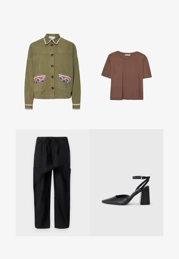 Olivově zelená bunda s špičatým límcem, velkými předními kapsami s barevnými vyšívanými vzory a dekoračním bílým vlnkovaným lemováním.; Hnědé tričko s krátkým rukávem vyrobené z měkké látky, s kulatým výstřihem a volným střihem. Bez viditelných vzorů nebo dekorací.; Černé bavlněné cargo kalhoty s volným střihem, vybavené elastickým pasem a několika bočními kapsami pro větší užitek.; Černé kožené lodičky se špičatou špičkou, kotníkovým páskem a silným podpatkem. Hladká textura, elegantní design a minimalistická estetika.