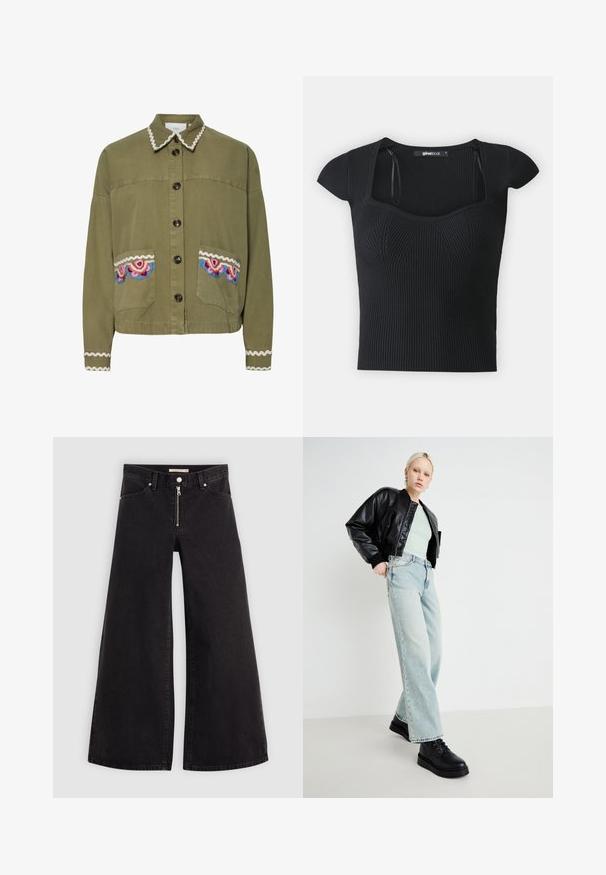 Oliivroheline jakk, millel on terava krae, suured eesmistel taskutel värvilised tikandid ja dekoratiivne valge laineline äär.; Musträbiga lühikeste varrukatega kampsun, ruudukujuline kaelus ja tekstuuriga detailid rinnal. Silt on nähtav krae sees.; Laiad teksad mustast denimist, millel on lukuga eesmine osa, viie taskuga disain ja peened õmblusdetailid. Sile tekstuur ja juhuslik stiil.; Mustast nahast pommijakk, piparmündiroheline särk, helesinised laiad teksad ja mustad nööbitavad kingad, minimaalses taustas.