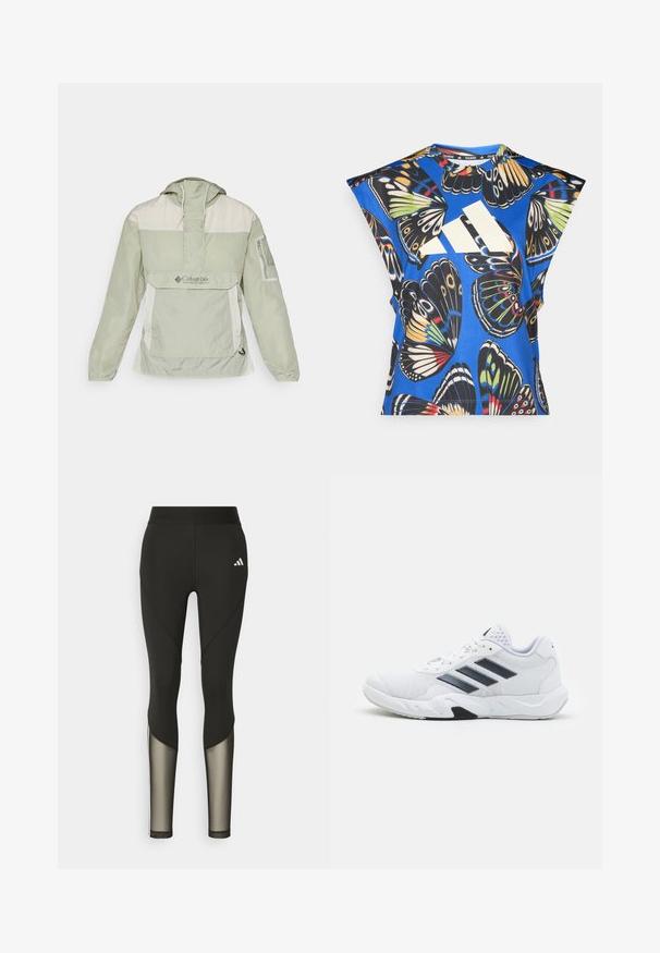 Světle zelená bunda s krémovým panelem, přední poloviční zip, kapuce a síťová kapsa. Obsahuje logo Columbia a elastické manžety pro přiléhavý vzhled.; Modrá košile s krátkými rukávy, která má živý potisk motýlů v různých barvách, velké bílé logo na přední straně a kulatý výstřih.; Černé sportovní legíny s vysokým pasem, které mají síťované prvky na dolních nohavicích a vyšívané logo na boku.; Bílé sportovní boty s vrškem ze síťoviny, třemi černými pruhy po stranách, texturovanými akcenty a odolnou gumovou podrážkou s kontrastní černou částí.