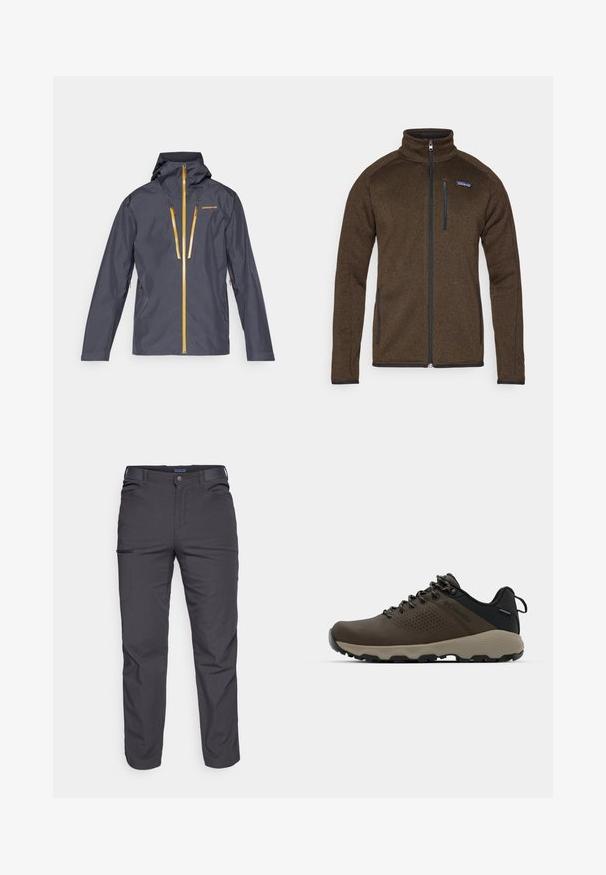 Vyrų vandeniui atsparus džemperis tamsiai pilkos spalvos su gobtuvu, turintis geltonus užtrauktukus ir siuvinėtą logotipą. Sklandus paviršius ir sraigtinė forma.; Ruda flisinė striukė su aukštu kaklu, pilnu užtrauktuku priekyje ir dviem šoninėmis kišenėmis. Ant viršutinio kairiojo krūtinės kampo yra mažas mėlynas "Patagonia" logotipas.; Balta medvilninė marškinėliai su trumpomis rankovėmis, apvaliu kaklu ir kairėje krūtinės pusėje esančia kišenėle, turinčia mėlyną "Patagonia" logotipą. Klasikinis siluetas su lygiu paviršiumi.; Tamsiai pilki kelnės, pagamintos iš patvarios medžiagos, su užtrauktuku užsegamu kišeniu, tiesiu kirpimu ir diržo kilpom pritaikytiems dydžiams.; Rudi nepralaidūs sportbačiai su tekstūruota viršutine dalimi, perforuotomis detalėmis, juodu kulno palaikymu ir pilku guminio padu. Šniūreliai yra dekoruoti metaliniais galais.