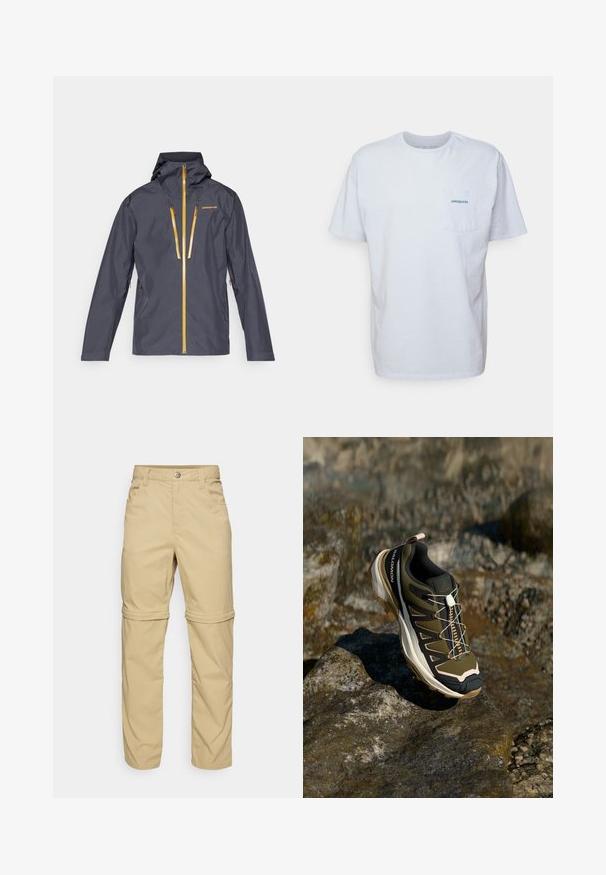 Moška vodoodporna jakna v temno sivi barvi s kapuco, z rumenimi zadrgami in vezenim logotipom. Gladka tekstura in poenostavljen dizajn.; Bela bomba majica iz bombaža s kratkimi rokavi, okroglo ovratnikom in žepom na levi strani prsi, ki ima modri logo "Patagonia". Klasičen kroj z gladko teksturo.; Bež hlače z možnostjo odpnevanja z gladko teksturo, ki imajo dve stranski žep in zaponko na gumb, ter lahko zavihane manšete za večjo vsestranskost.; Pohodni čevlji v olivno zeleni in črni barvi s poudarki v roza. Imajo teksturirano zgornji del, fleksibilno podplat, ojačan zaščitni del za prste in barvit sistem vezalk.