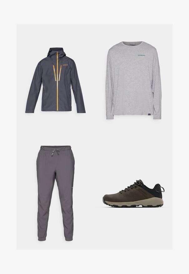 Pánska nepremokavá bunda v tmavosivej farbe s kapucňou, so žltými zipsami a vyšitou logom. Hladká textúra a aerodynamický dizajn.; Svetlošedé tričko s dlhým rukávom vyrobené z mäkkého, textúrovaného materiálu. Obsahuje okrúhly výstrih a malú modrú Patagonia logo na hrudi.; Sivé, ľahké nohavice s elastickým pásom a nastaviteľnou šnúrkou; zúžené nohavice; hladká textúra; obsahuje logo detail na boku.; Hnedé vodoodolné tenisky s textúrovaným zvrškom, perforovanými detailmi, čiernou oporou päty a šedou gumovou podrážkou. Šnúrky sú ozdobené kovovými koncami.
