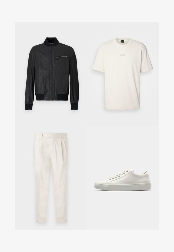 Črno usnjeno bomber jakno z zadrgo spredaj, rebrastimi manšetami in žepom na prsih z zadrgo. Gladka tekstura.; BOSS TEE - Navadna majica - open white; Bele, plisirane hlače s krojenim prileganjem, z gladko teksturo, z zankami za pas in ožjimi hlačnicami. Brez vidnih žepov ali vzorcev.; Bela usnjena tenisačka obutev s zaobljenim nosom, minimalističnim dizajnom, sivozelenimi vezalkami in teksturiranim sivo gumijastim podplatom. Opazne diskretne šivalne podrobnosti.