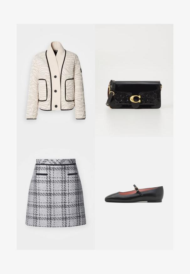 Kremo spalvos siuvinėta striukė su juodais abstrakčiais siūlais, juodais mygtukais, dideliu šalikiniu apykakliu, dviem priekinėmis kišenėmis ir juodomis apdailomis kraštuose bei rankogaliuose.; Balta ilga rankovė mygtukų marškiniai, pagaminti iš medvilnės. Yra klasikinis apykaklė ir subtilus prekės ženklo siuvinėjimas ant krūtinės. Lygi tekstūra.; Pilkos langelių sijonas su tekstūruota medžiaga, siauru kirpimu ir juodu apdaila. Yra dvi priekinės kišenės su juodu akcentu.; Juodas odinis plokščias batelis su smailiu pirštu ir kulkšnies dirželiu, papuoštu auksiniu užsegimu. Lygus paviršius su šiek tiek blizgiu efektu.; Juodas lakinės odos rankinė su auksiniais akcentais, įskaitant užsegimą. Yra tekstūruotas dizainas ir nuimama dirželis. Kompaktiška stačiakampio formos.; Auksinės auskarai su lygiu, apvaliu pavidalu, turintys atspindinčią paviršių ir užsegimą, užtikrinančių saugų nešiojimą.