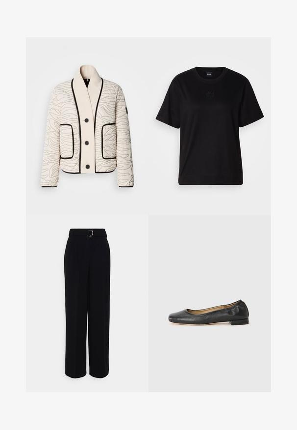Cremefarbene, gesteppte Jacke mit schwarzem abstraktem Steppmuster, schwarzen Knöpfen, großem Schalkragen, zwei Vorderentaschen und schwarzem Besatz an Kanten und Bündchen.; Schwarzes Baumwoll-T-Shirt mit Rundhalsausschnitt, kurzen Ärmeln und aufgesticktem Logo auf der Brust. Einfacher, lässiger Schnitt ohne Muster.; Schwarze maßgeschneiderte Hose mit weit auslaufendem Schnitt, ausgestattet mit einem Gürtel mit einer silbernen Schnalle, Falten und einer glatten Stofftextur.; Schwarz Leder Ballerinas mit runder Zehenpartie und minimaler Naht. Niedriger, rechteckiger Absatz und glatte Textur. Dezente Innenfutterdetails.