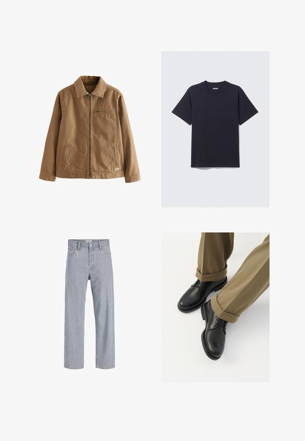 Jachetă cu fermoar de culoare maro, confecționată dintr-o țesătură din bumbac. Dispune de un guler la gât, două buzunare laterale și un singur buzunar pe piept.; Tricou din bumbac negru, cu guler rotund, mâneci scurte și o croială lejeră. Dispune de un design simplu, fără modele sau accesorii vizibile.; Jeanși din denim bleu deschis cu o croială lejeră, design cu picior drept, cusături vizibile, două buzunare frontale și închidere cu nasture.; Pantofi negri din piele cu un finisaj neted, dotati cu sireturi si varf rotunjit, asortați cu pantaloni kaki rulați.