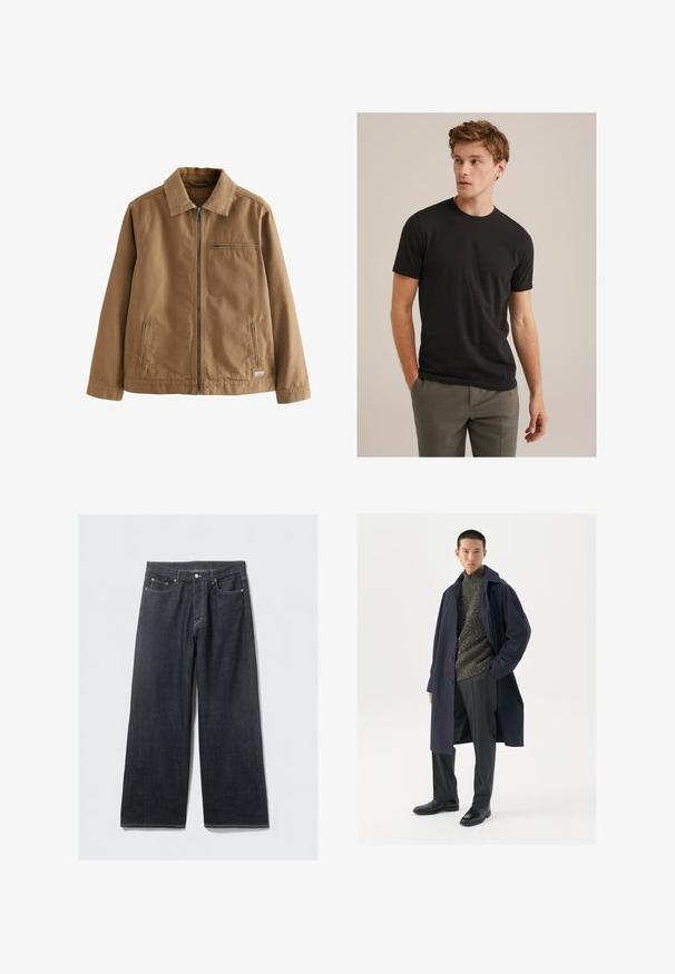 Brązowa kurtka zapinana na zamek, wykonana z materiału bawełnianego z domieszką. Posiada kołnierzyk, dwie boczne kieszenie oraz jedną kieszeń na piersi.; Młody mężczyzna z kręconymi jasnobrązowymi włosami, ubrany w czarną koszulkę z krótkim rękawem i szare spodnie, patrzy w lewo z rękami w kieszeniach.; Ciemnoniebieskie dżinsy o szerokim nogawce i wysokim stanie, z mosiężnymi nitami i kontrastowym przeszyciem, gładka tekstura, bez widocznych wzorów.; Granatowy płaszcz z zapięciem na guziki, zielony sweter o fakturze, czarne spodnie oraz czarne skórzane botki. Gładki materiał o uporządkowanej sylwetce.
