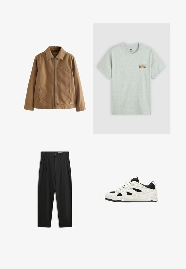 Veste zippée marron en tissu mélangé coton. Elle possède un col, deux poches latérales et une poche poitrine.; T-shirt en coton gris à manches courtes, col rond, avec impression du logo de la marque multicolore sur le côté supérieur gauche. Texture lisse.; Pantalon en coton noir avec une coupe décontractée, dotés d'une taille classique, de plis à l'avant et de poches latérales. Texture lisse sans motifs.; Des chaussures de sport blanches et noires avec une semelle texturée, présentant des découpes sur les côtés et des lacets, ainsi qu'un dos rembourré pour le soutien.