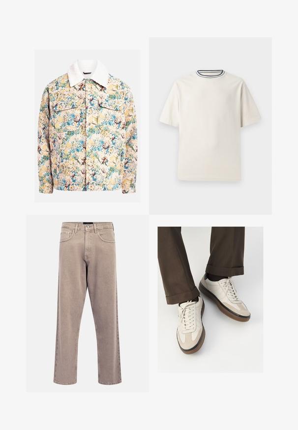 Blazer mit Blumenmuster aus strukturiertem Stoff, in Blau-, Gelb- und Brauntönen, mit einem weißen Fleecepulloverkragen und zwei vorderen Taschen.; Cremefarbendes Baumwoll-T-Shirt mit kurzen Ärmeln, das über einen runden Halsauschnitt mit navy- und weißen Streifen verfügt. Glatte Textur, lässige Passform.; Hellbeige Jeans mit geradem Bein, leicht verwaschener Textur, Fünf-Taschen-Design und Metallknopfverschluss. Auffällige Nahtdetails.; Beige Sneakers mit einer strukturierten Wildlederfront, glatten Lederseiten und einer braunen Gummisohle. Bändel und helle Nähdetails sind enthalten.