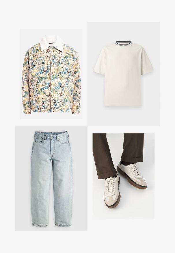 Veste à motifs floraux en tissu texturé, avec des nuances de bleu, jaune et marron, dotée d'un col en polaire blanc et de deux poches frontales.; T-shirt en coton couleur crème à manches courtes, avec un col rond accentué de rayures bleu marine et blanches. Texture lisse, coupe décontractée.; Jean en denim bleu clair avec une coupe droite, cinq poches et une fermeture à bouton; présente des zones décolorées et des détails de couture subtils.; Baskets beiges avec un devant en suède texturé, côtés en cuir lisse et semelle en caoutchouc brun. Lacets et détails de couture légère inclus.